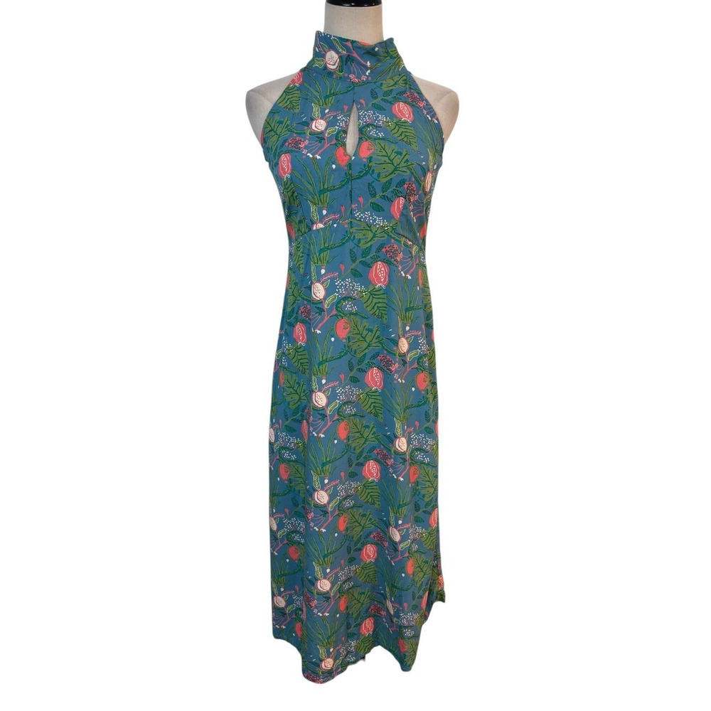 Tropical Halter Midi Dress Fruit Sz Xs Vacation Resort Keyhole Beach Bow